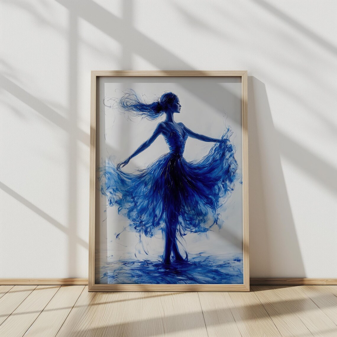 Graceful Dancer Blue Watercolor Flowing Dress Silhouette Elegant Wall Art