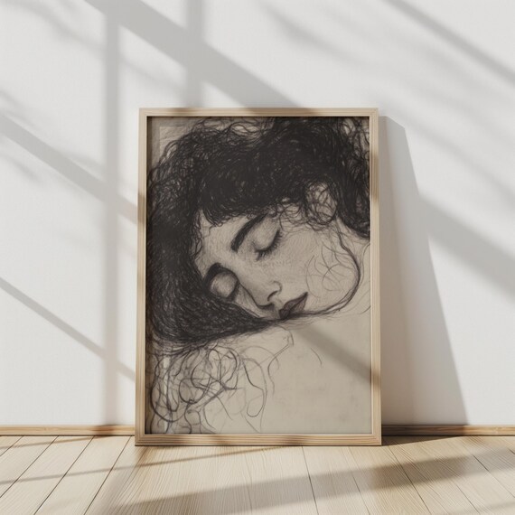 Sleeping Woman Charcoal Portrait Dreamy Expressionist Sketch Poster