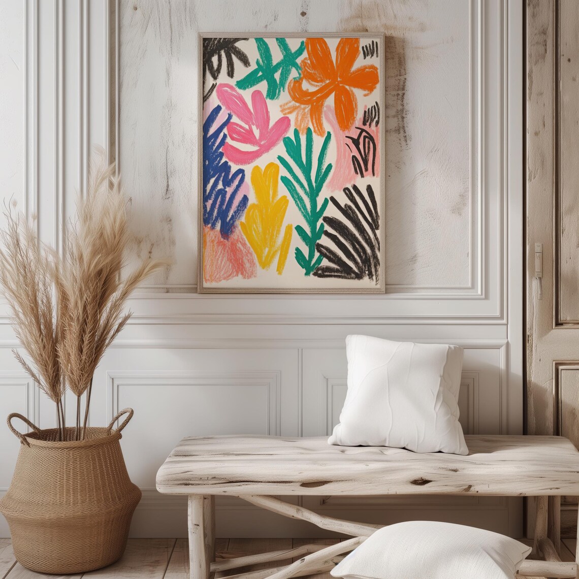 Tropical Botanical Abstract Colorful Crayon Leaves Flowers Poster - Image 2
