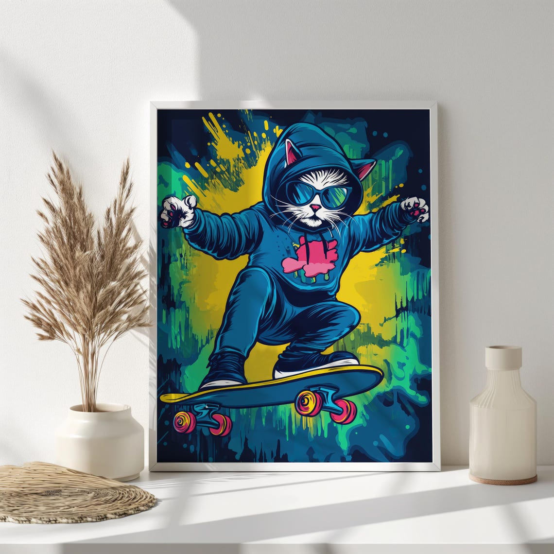 Cool Skateboarding Cat Hoodie Graffiti Street Style Animal Poster