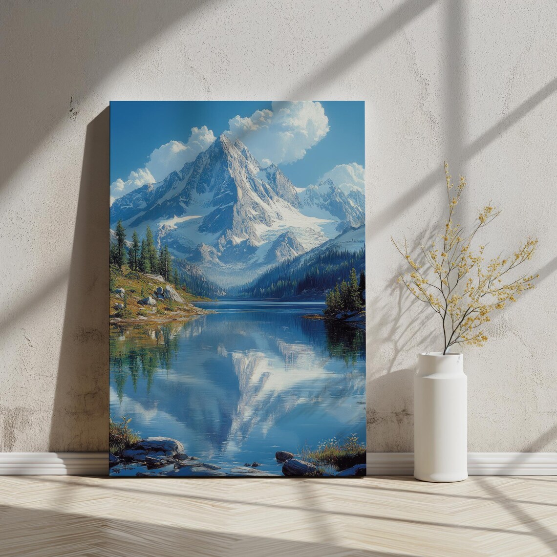 Realistic Mountain Lake Wall Art Snow Capped Peaks Reflection Evergreen Forest Serene Landscape Home Decor Art