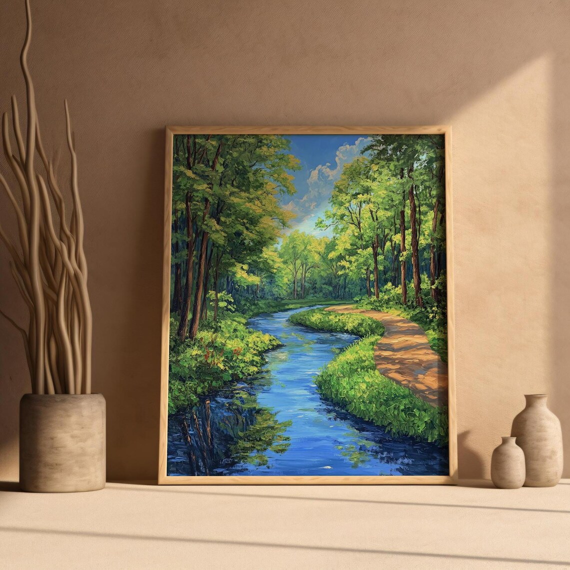 Serene Forest Stream Art Tranquil Nature Path With Lush Green Trees Peaceful Summer Landscape Wall Art Lush Forest - Image 2
