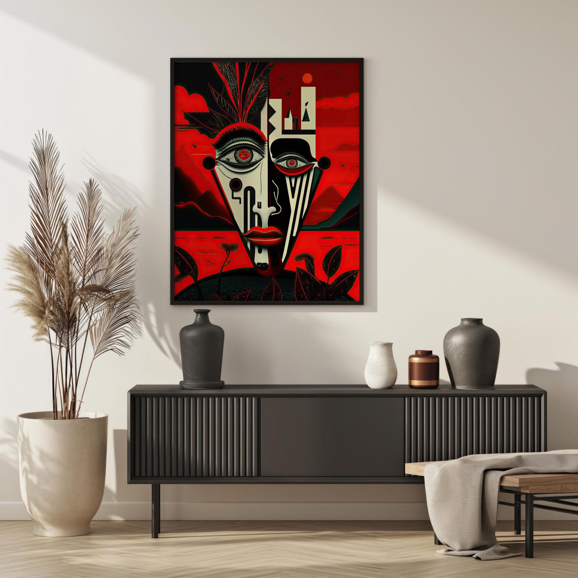Surrealist Geometric Red Black Face Futuristic Cubist Mask Art Poster - Image 8