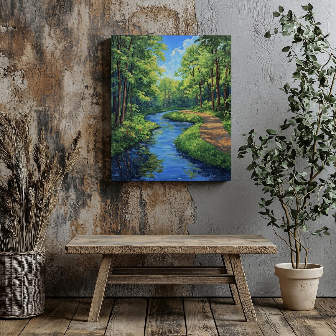 Serene Forest Stream Art Tranquil Nature Path With Lush Green Trees Peaceful Summer Landscape Wall Art Lush Forest - Image 8