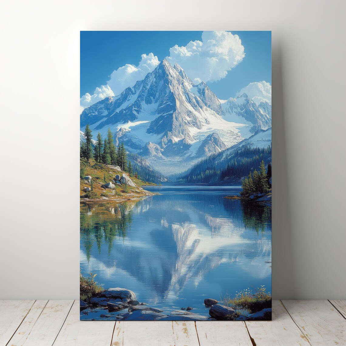 Realistic Mountain Lake Wall Art Snow Capped Peaks Reflection Evergreen Forest Serene Landscape Home Decor Art - Image 8