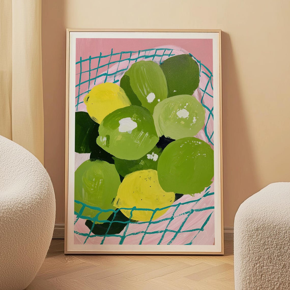Limes and Lemons in Net Bag Painterly Kitchen Print on Pink Art