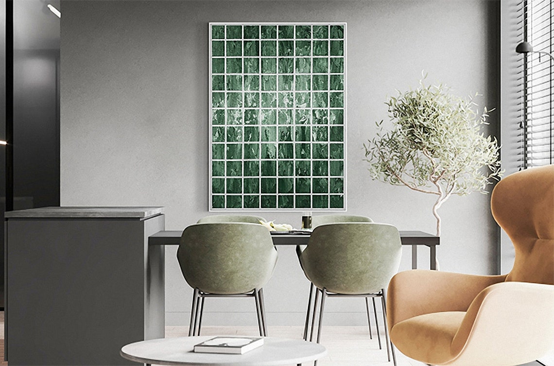 Emerald Green Mosaic Grid Tile Abstract Geometric Art Poster - Image 4