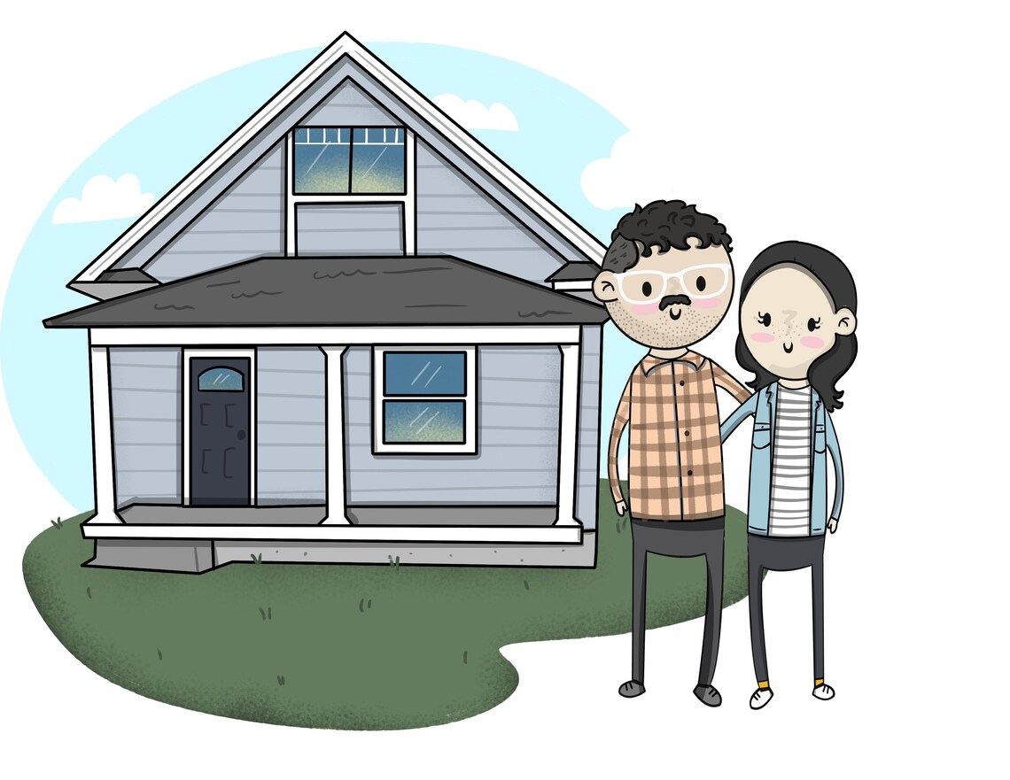 Custom Cartoon Couple Portrait with Blue House and Corgi Dog Poster - Image 2