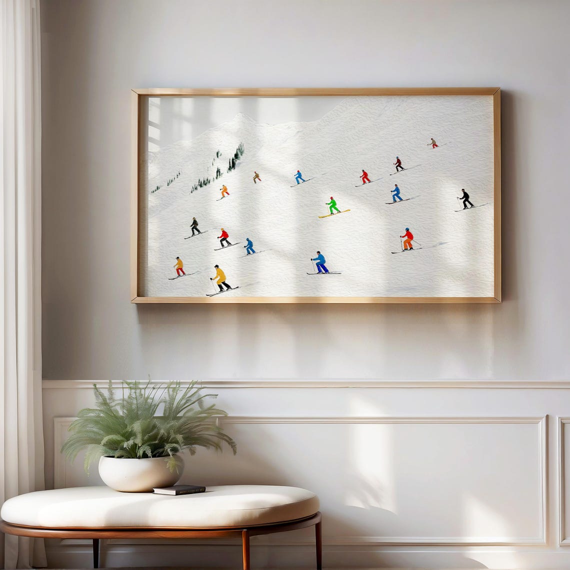 Colorful Skiers Snowy Mountain Slope Minimalist Winter Art Poster - Image 3
