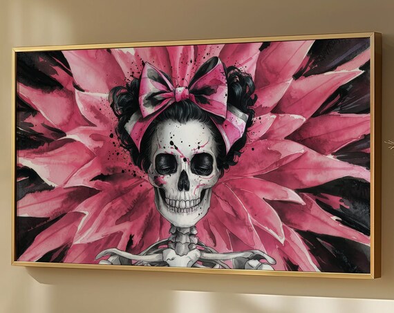 Pink Goth Skeleton With Bow Dark Coquette Watercolor Halloween Wall Poster