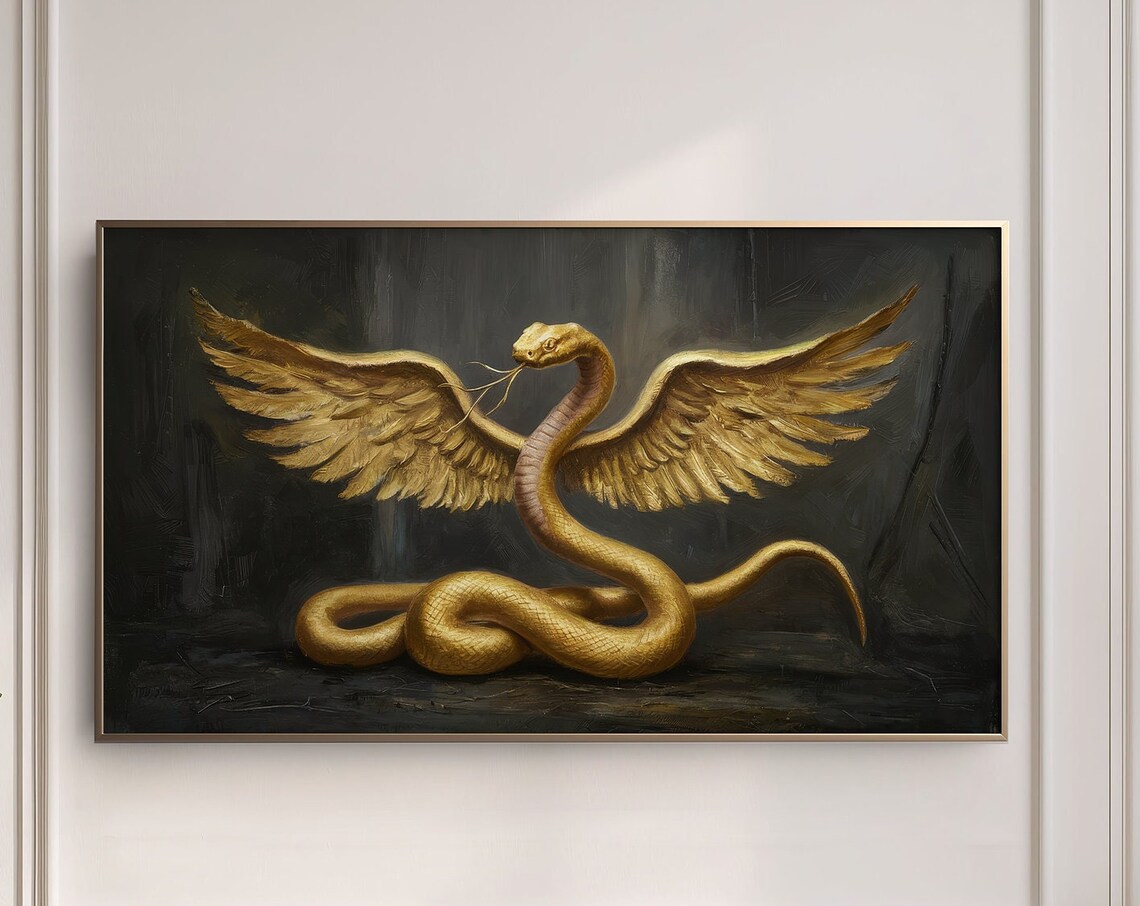 Golden Winged Serpent On Black Dark Academia Mythical Surreal Wall Poster - Image 4