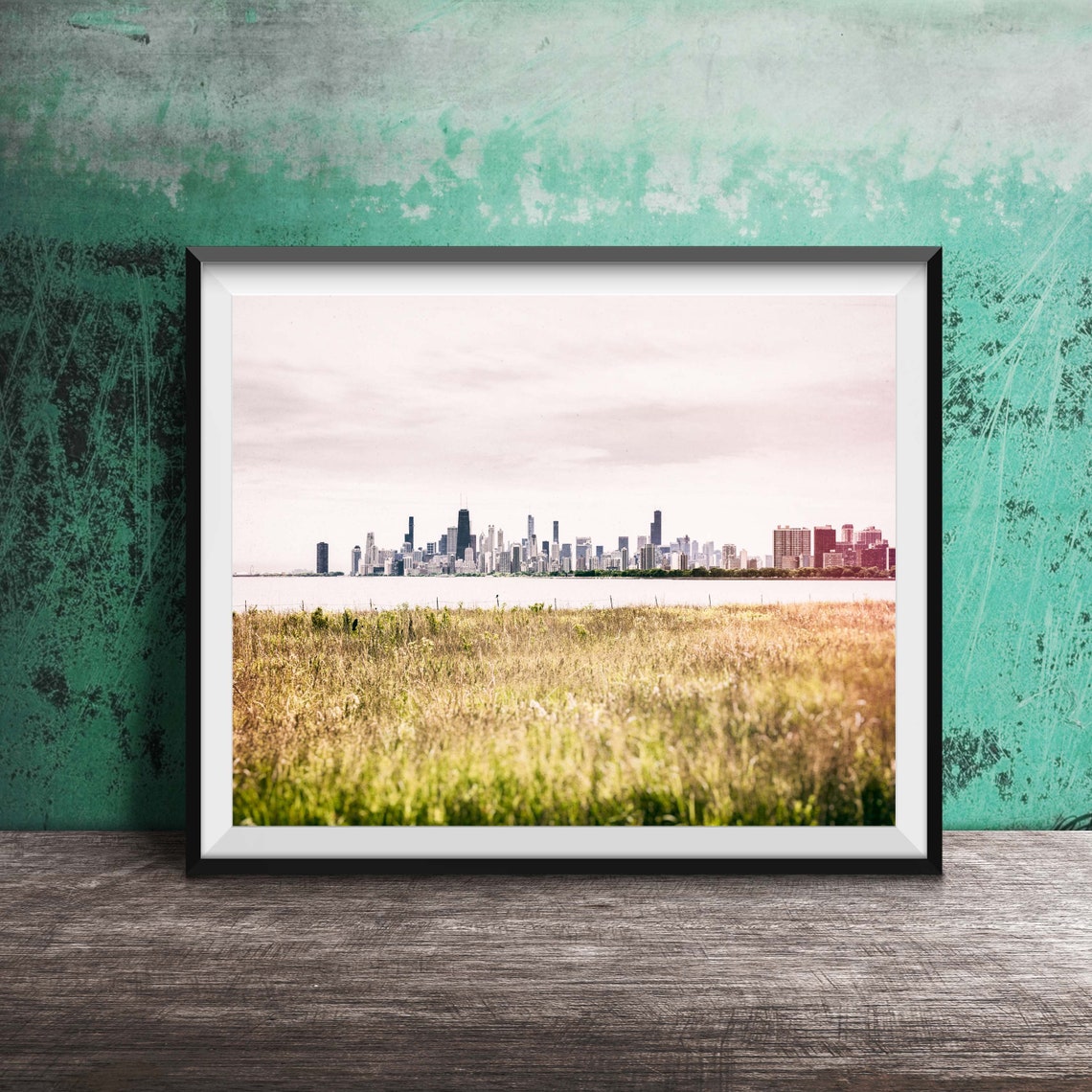 Chicago Skyline Over Lake Michigan Prairie Grass View Poster