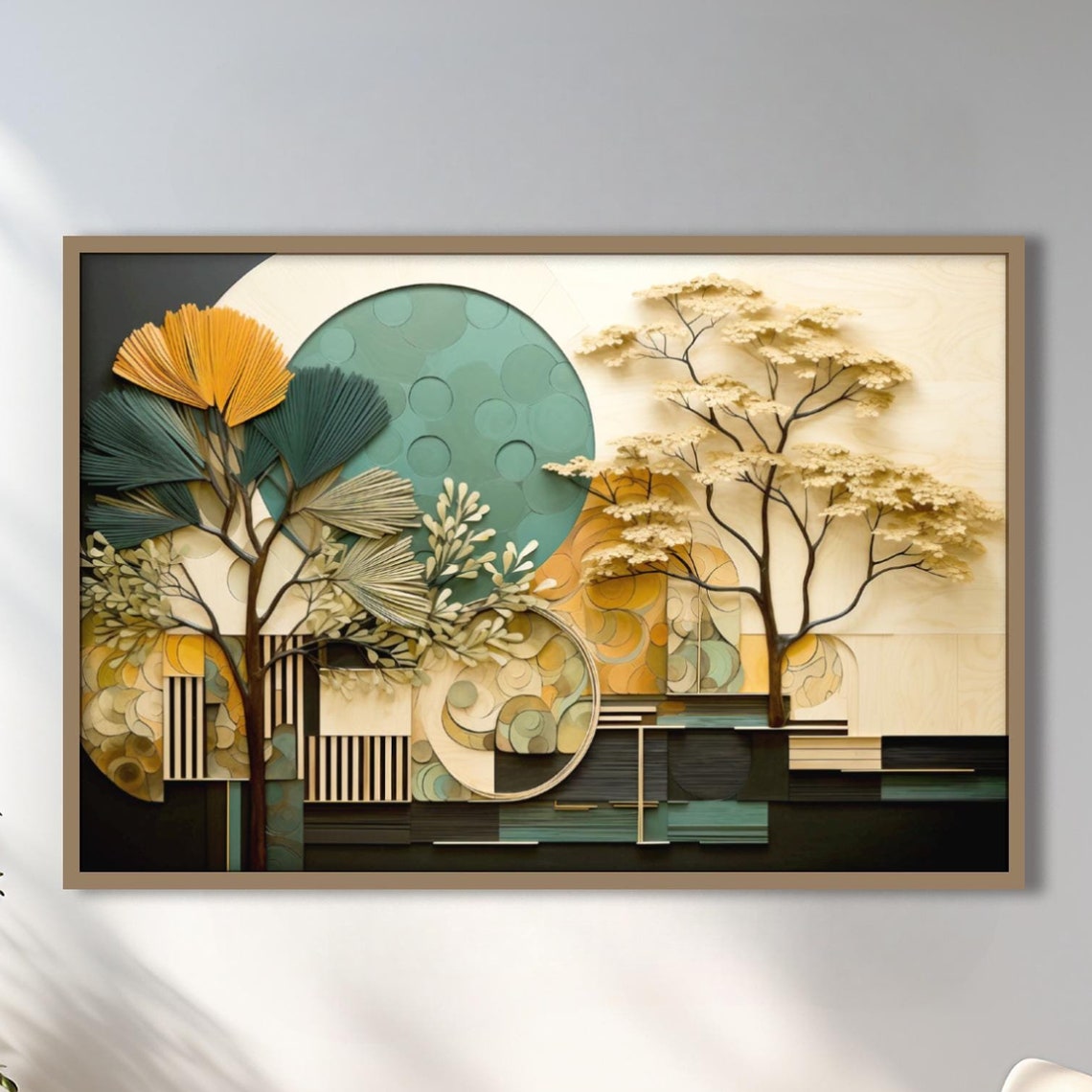 Teal Gold Geometric Trees Paper Cut Sun Art Deco Nature Poster