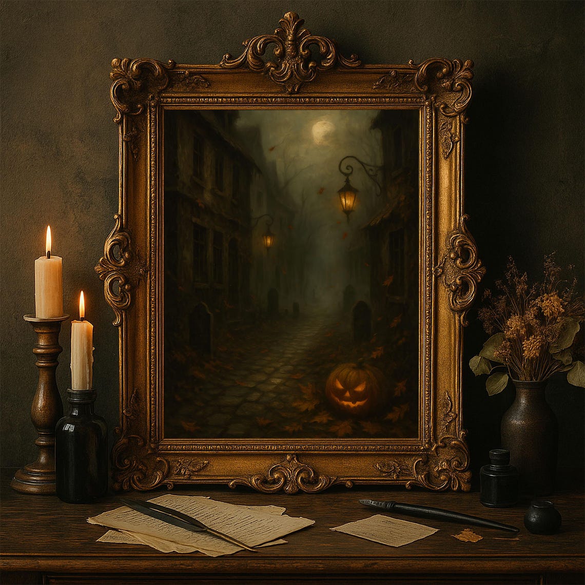 Haunted Halloween Street Gothic Jack O Lantern Moonlit Night Poster
