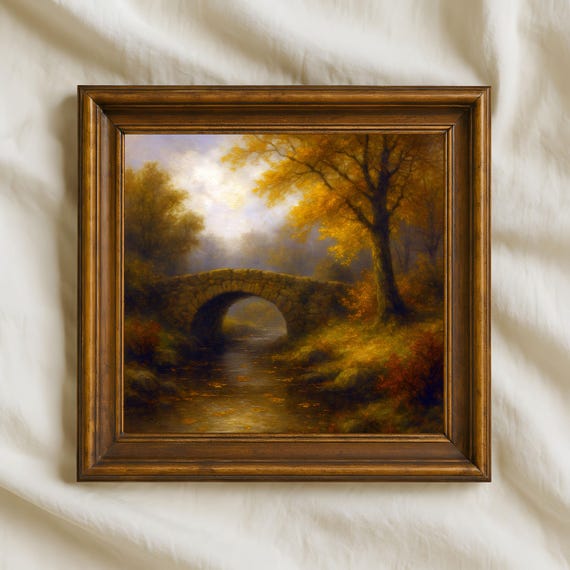 Autumn Stone Bridge Oil Painting Rustic Countryside Wall Art Golden Fall Landscape Print Vintage River Scene