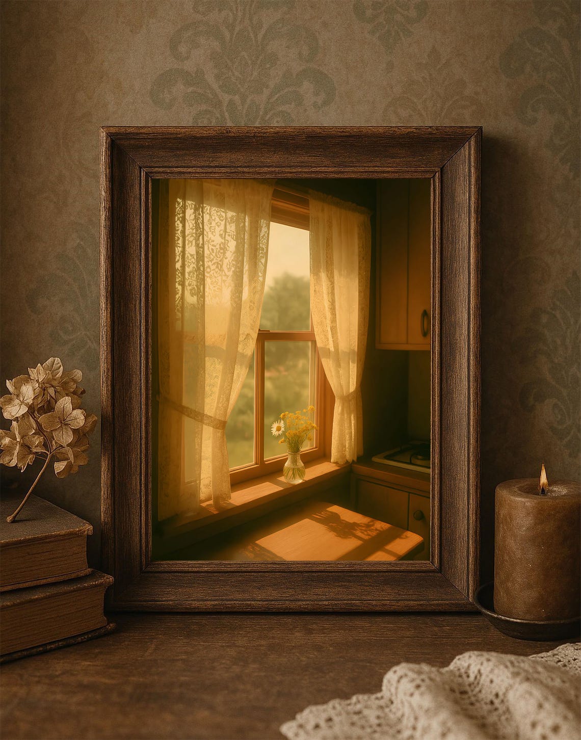 Cozy Cottage Kitchen Window with Golden Lace Curtains Wall Art