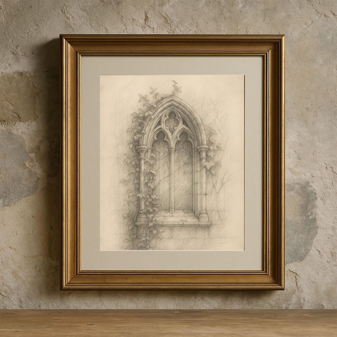 Gothic Arched Window Ivy Vines Vintage Pencil Sketch Art Poster