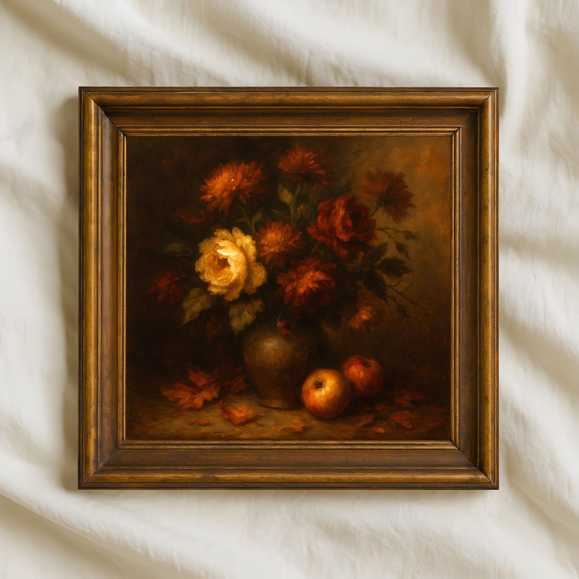 Autumn Rustic Vase Still Life Flowers And Apples Fall Artwork Vintage Thanksgiving Wall Art Cozy Seasonal Decor