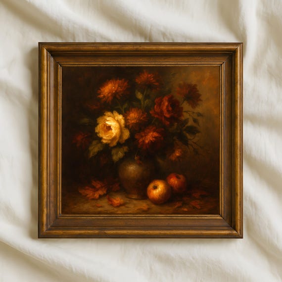 Autumn Rustic Vase Still Life Flowers And Apples Fall Artwork Vintage Thanksgiving Wall Art Cozy Seasonal Decor