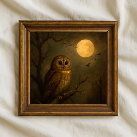 Owl Moonlight Oil Painting Gothic Fall Wall Art Dark Academia Nocturnal Animal Print Rustic Halloween Home Decor