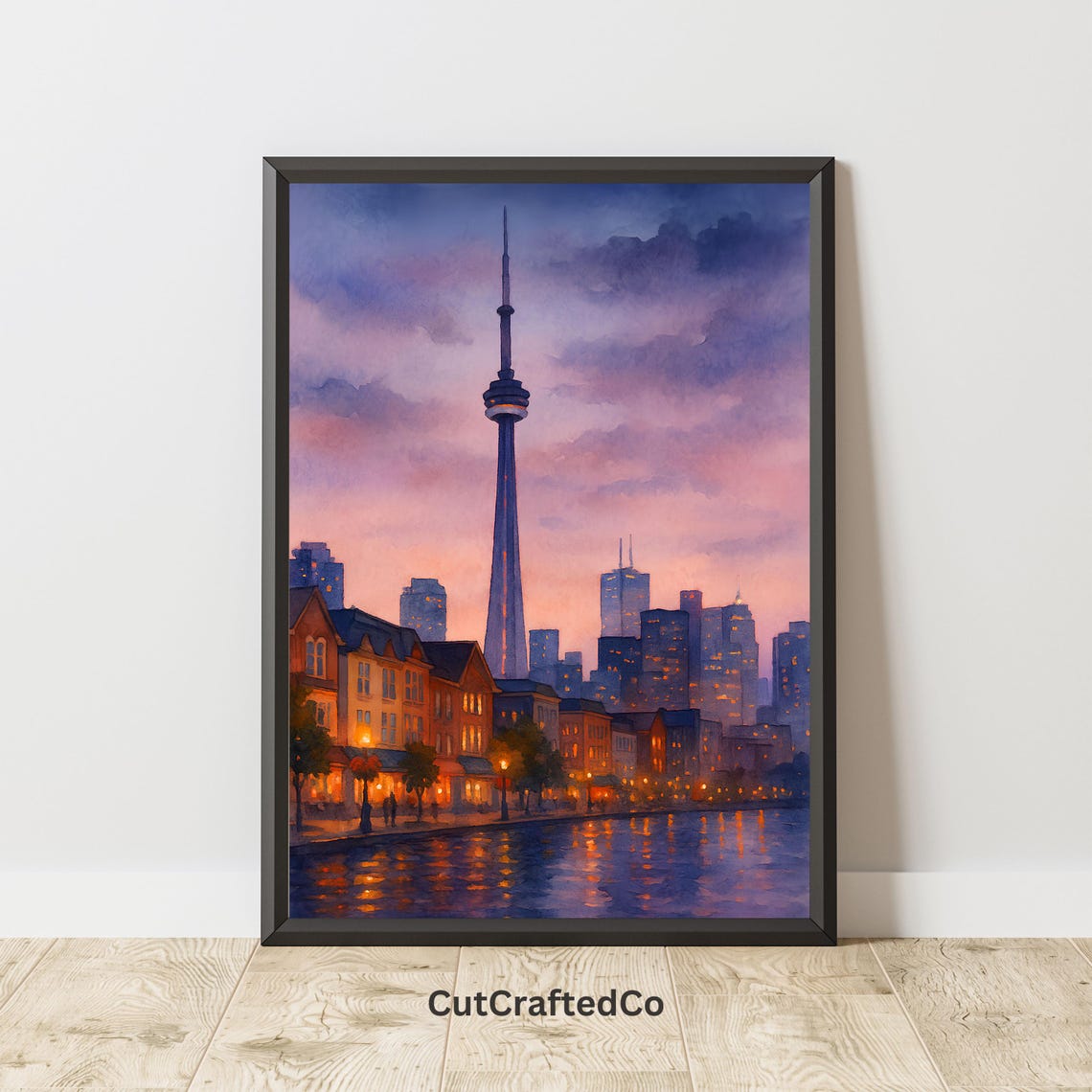 Toronto CN Tower Dusk Skyline City Lights Watercolor Art Poster