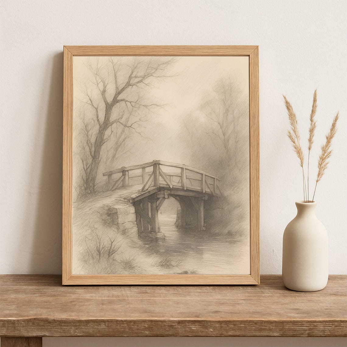 Rustic Wooden Bridge Pencil Sketch Misty Forest Stream Poster