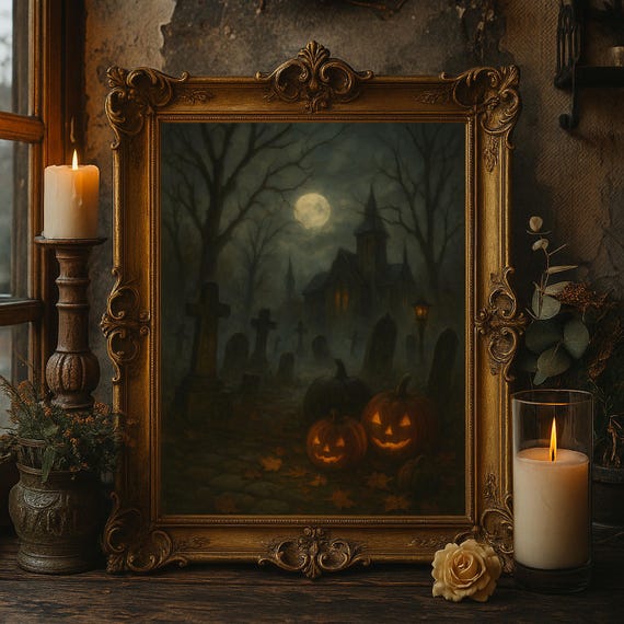Haunted Graveyard Wall Art Halloween Pumpkin Oil Painting Gothic Dark Spooky House Decor