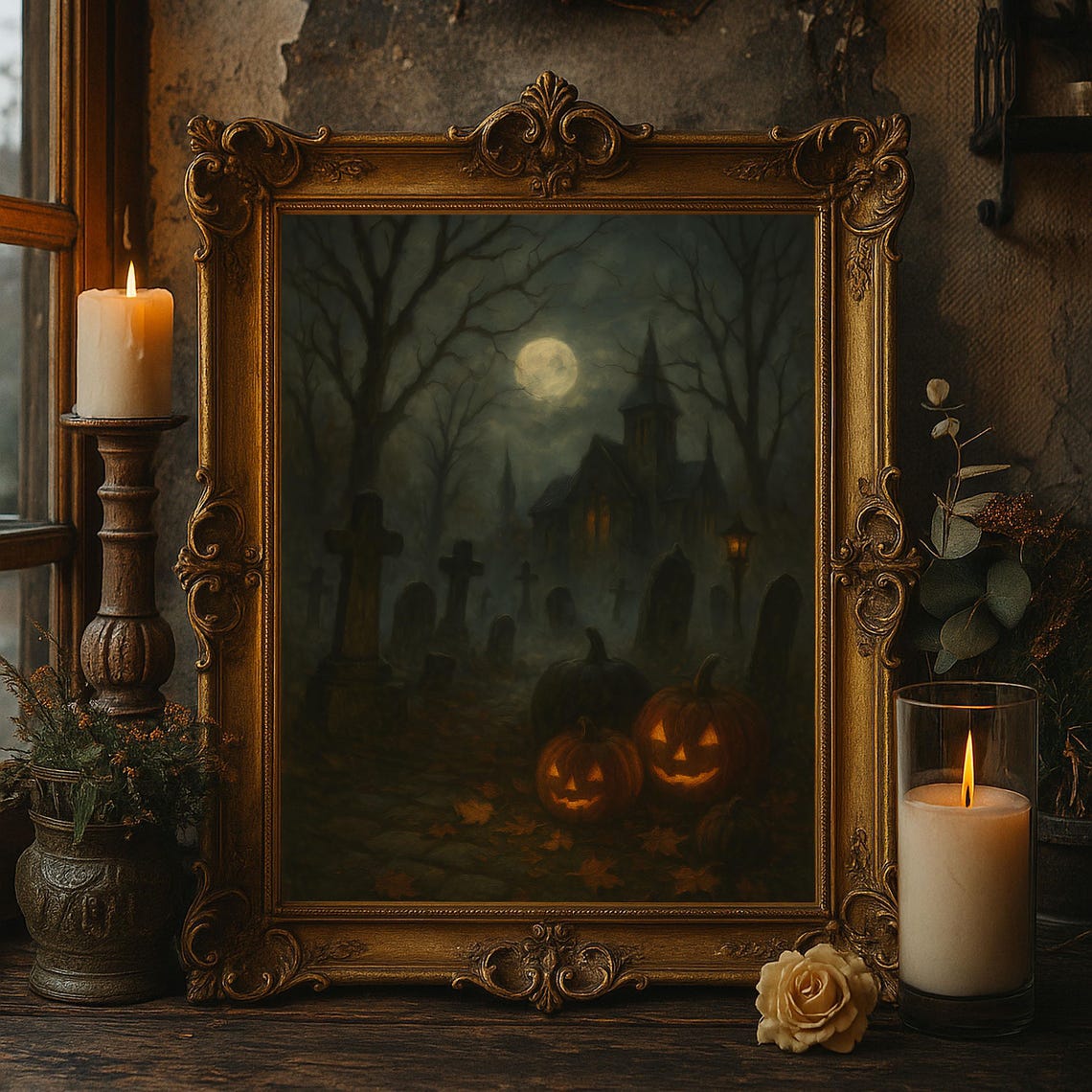 Haunted Graveyard Halloween Gothic Pumpkin Oil Painting Night Poster