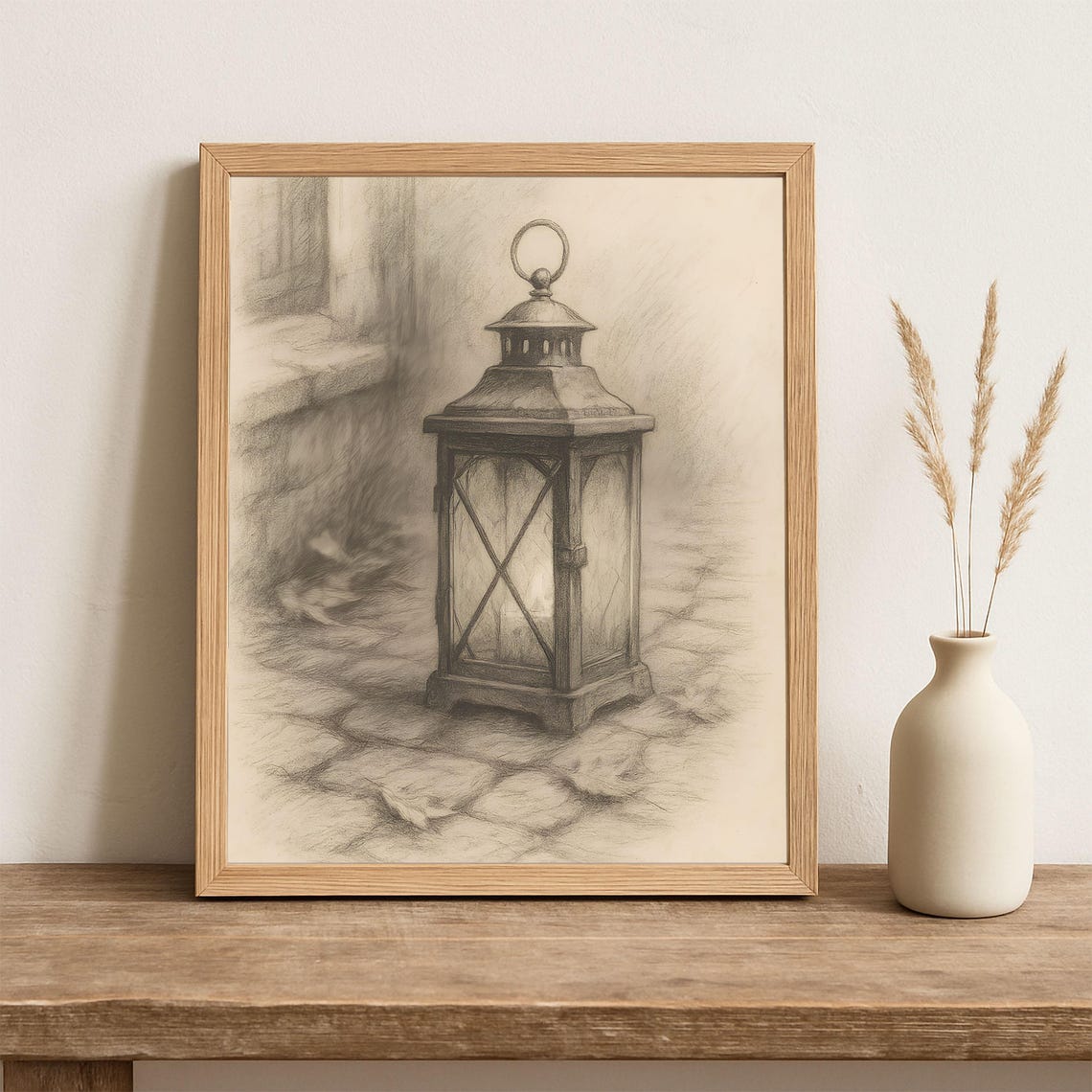 Rustic Lantern Pencil Sketch Vintage Candle Light Drawing Cozy Farmhouse Wall Art Warm Autumn Evening Decor