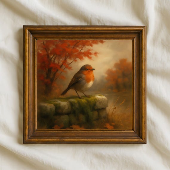 Robin Bird Oil Painting Autumn Forest Wall Art 11 Square Wildlife Print For Rustic Or Nature Inspired Home Decor