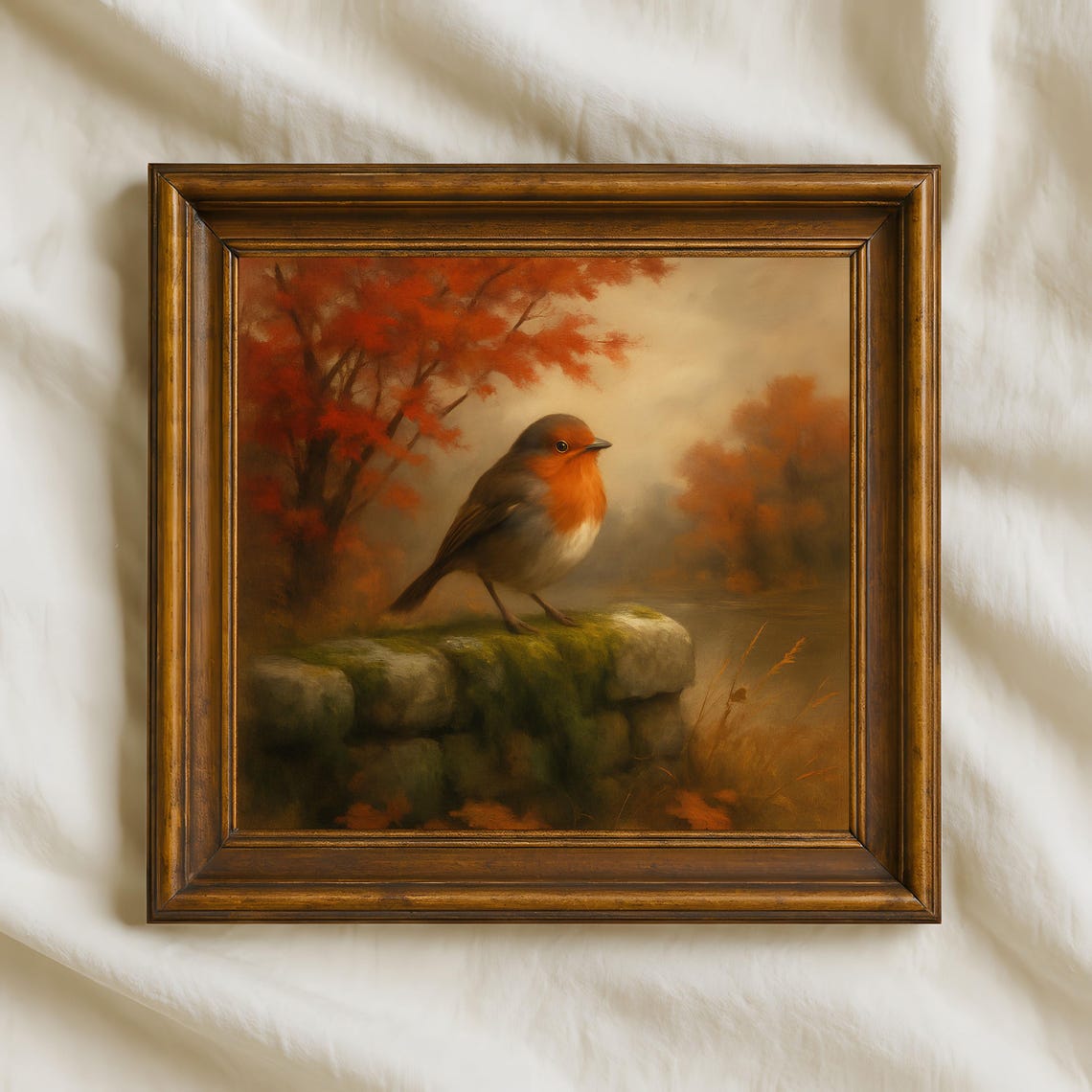 European Robin Mossy Stone Wall Autumn Oil Painting Bird Poster