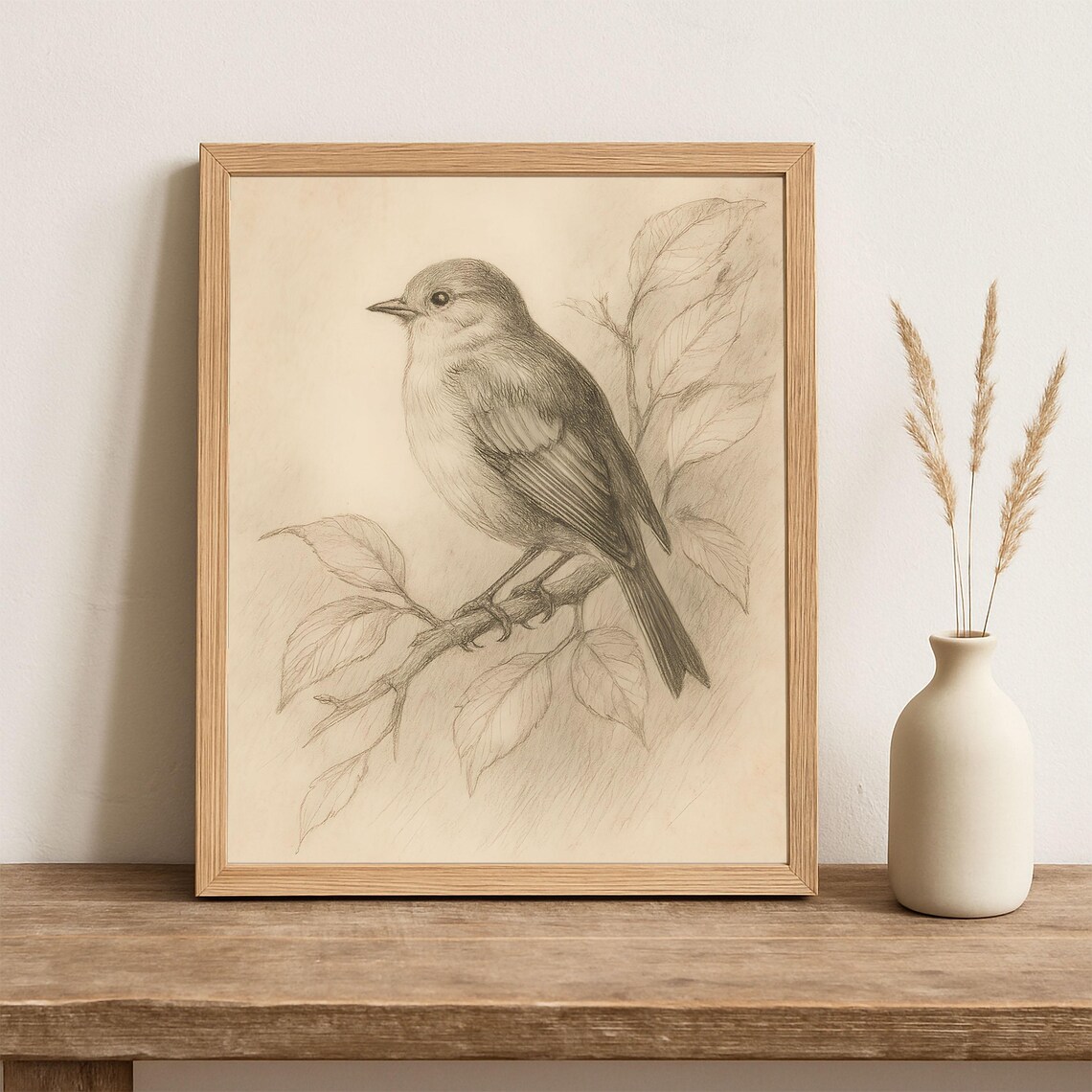 Songbird on Branch Pencil Sketch Vintage Nature Drawing Poster