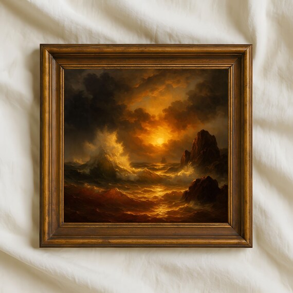 Dramatic Stormy Ocean Wild Sunset Waves Rocks Painting Wall Art
