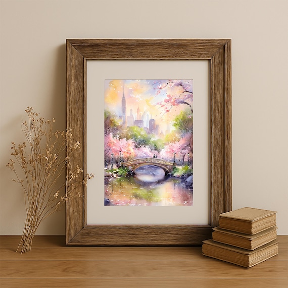 Central Park Bow Bridge Spring Cherry Blossom Watercolor Poster
