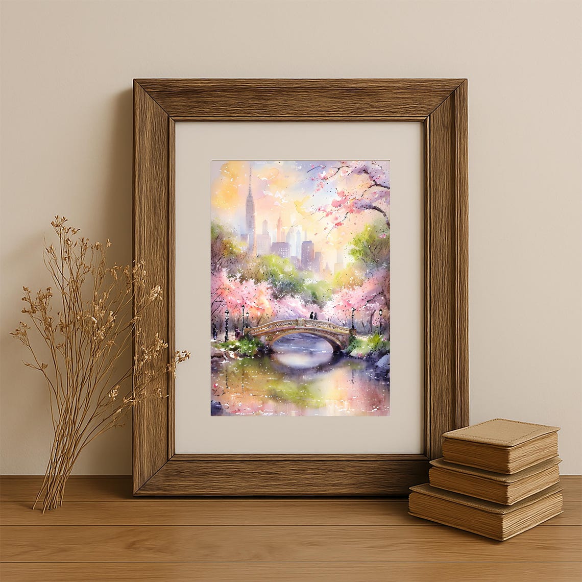 Central Park Bow Bridge Spring Cherry Blossom Watercolor Poster