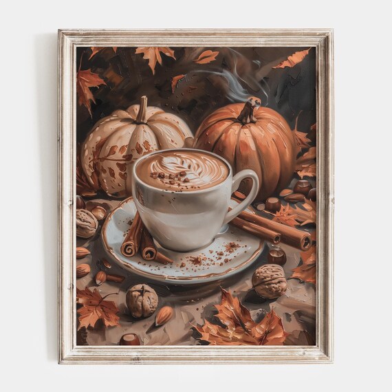 Cozy Pumpkin Spice Latte With Pumpkins And Autumn Leaves Poster