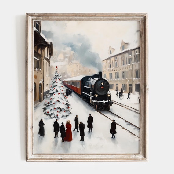 Christmas Express Train Painting Moody Winter Landscape Print Xmas Wall Art Snowy Railroad Christmas Frame Art