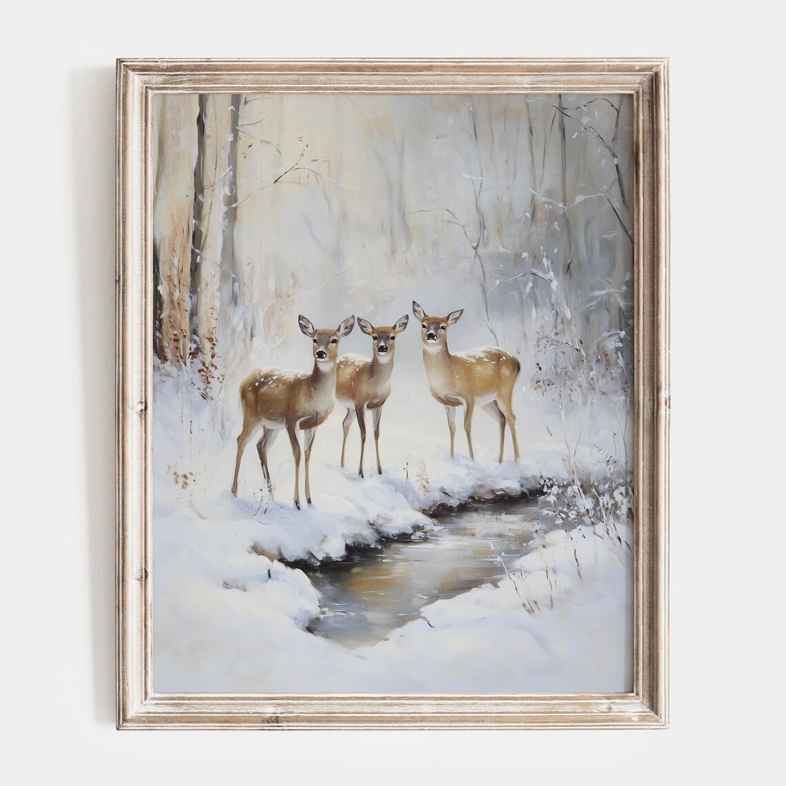 Three Deer at a Snowy Forest Stream in Winter Painting Poster