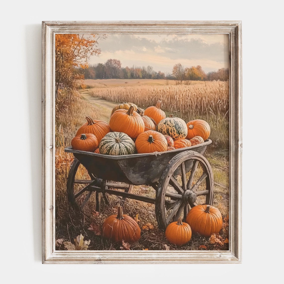 Wheelbarrow Overflowing with Pumpkins at the Harvest Field Edge Poster