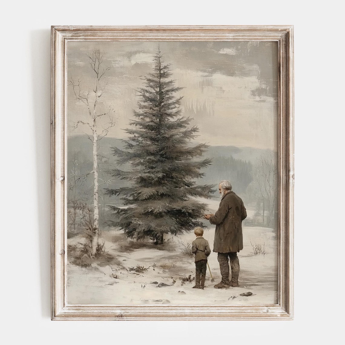 Father and Son in Snowy Evergreen Forest Winter Landscape Art Poster
