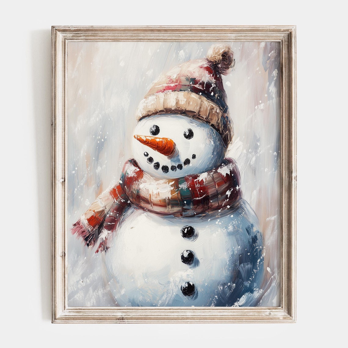 Smiling Snowman with Knit Hat and Plaid Scarf Winter Art Poster