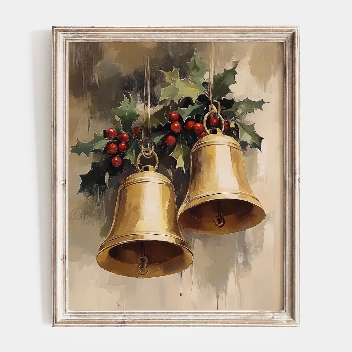 Brass Christmas Bells with Holly Berries Vintage Holiday Poster