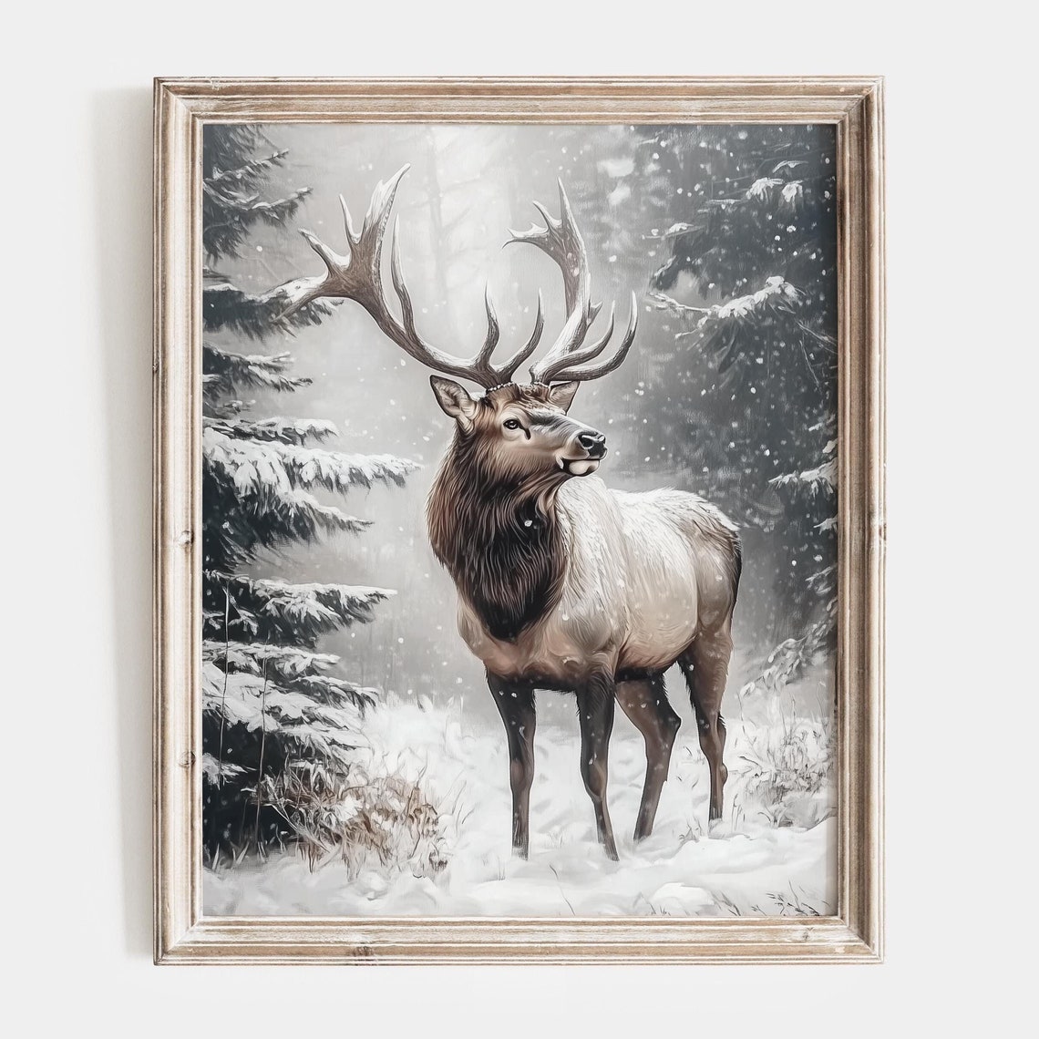 Majestic Elk with Grand Antlers Standing in Snowy Forest Poster