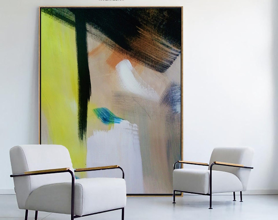 Tall Bold Yellow Black Expressive Brushstroke Abstract Wall Art