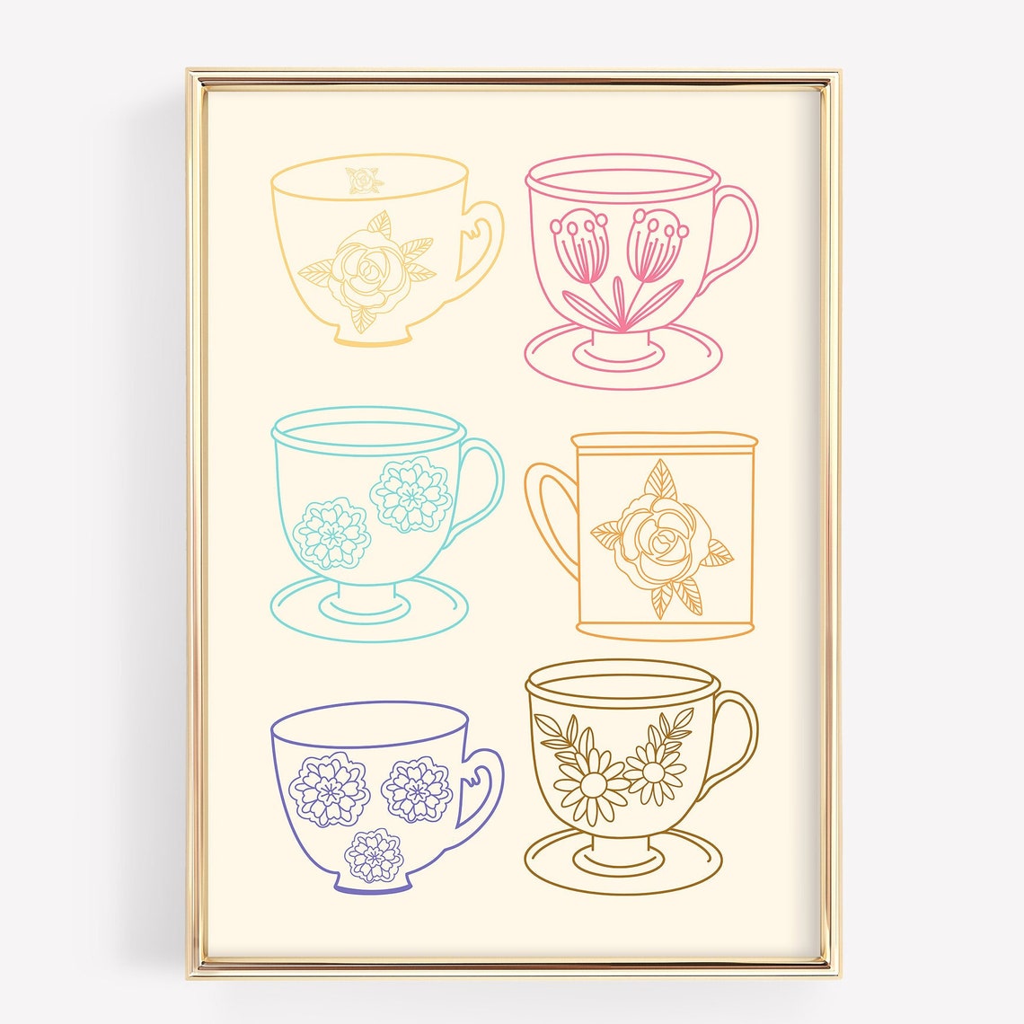 Six Floral Teacups Pastel Line Art Vintage Tea Set Kitchen Poster
