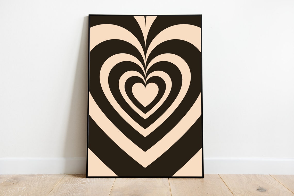 Groovy Retro Psychedelic Concentric Hearts Black Beige Pop Wall Art