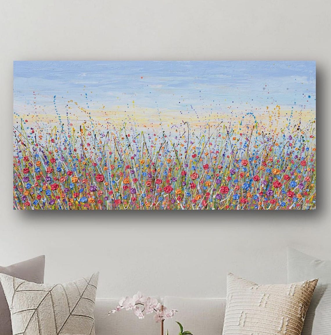 Multicolor Wildflower Meadow Panoramic Blue Sky Red Blue Art Poster