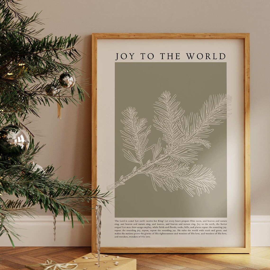 Joy To The World Christmas Hymn Sage Green Pine Botanical Poster