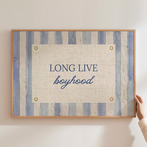 Blue Long Live Boyhood Stripe Print Boy Nursery Decor Vintage Room Art Play Wall Quote Kids