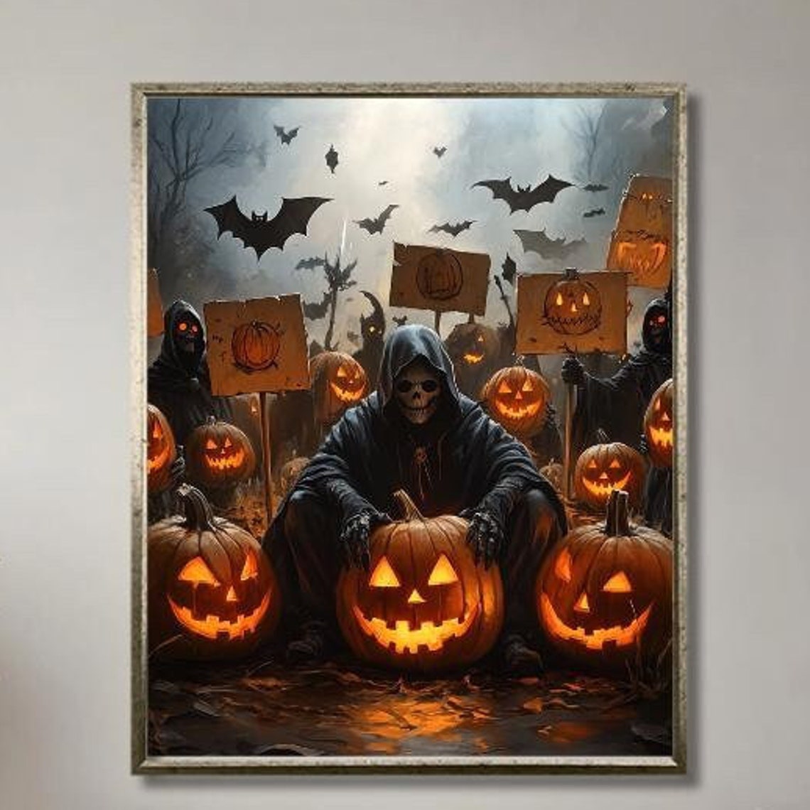 Grim Reaper Among Glowing Jack O Lanterns Spooky Halloween Poster - Image 3